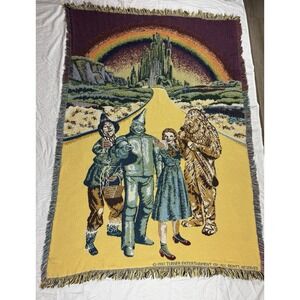 Vintage 90s Wizard of Oz Woven Tapestry Throw Blanket Emerald Fringe 43" x 65"